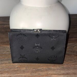 MCM Black Vintage Monogram Compact Bifold Wallet with kiss lock in EUC